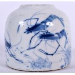 A 20TH CENTURY CHINESE BLUE AND WHITE PORCELAIN INK POT, decorated with a cray fish, signed. 8.5 cm