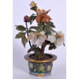 A BRONZE CLOISONNE ENAMEL BONSAI TREE, formed with hardstone flowers. 18.5 cm high.