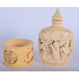 A 19TH CENTURY CHINESE CARVED IVORY SNUFF BOTTLE AND STOPPER together with a Canton ivory napkin ri