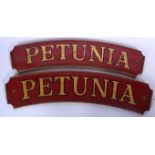 A PAIR OF ANTIQUE RAILWAY TRAIN SIGNS, “Petunia”. 47 cm wide.