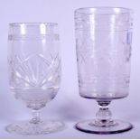 A 19TH CENTURY GLASS CELERY VASE, together with another similar. Largest 20.5 cm. (2)