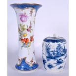 AN 18TH CENTURY CAUGHLEY PORCELAIN TEA CANISTER, together with a Dresden vase. Vase 20.5 cm. (2)