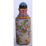 A CHINESE HEXAGONAL SHAPED PEKING GLASS SNUFF BOTTLE, painted with birds amongst foliage. 9.5 cm hi