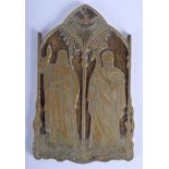 AN 18TH CENTURY BRONZE RELIGIOUS PLAQUE engraved with saints amongst foliage. 12 cm x 19 cm.