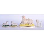 A 19TH CENTURY STAFFORDSHIRE FIGURE OF A POODLE, two continental sheep and a Staffordshire large sh