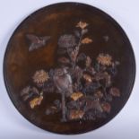 A VERY LARGE 19TH CENTURY JAPANESE MEIJI PERIOD BRONZE ONLAID CIRCULAR CHARGER decorated in relief