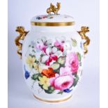 A 19TH CENTURY ENGLISH VASE AND COVER with oriental inspiration painted with English flowers. 23 cm