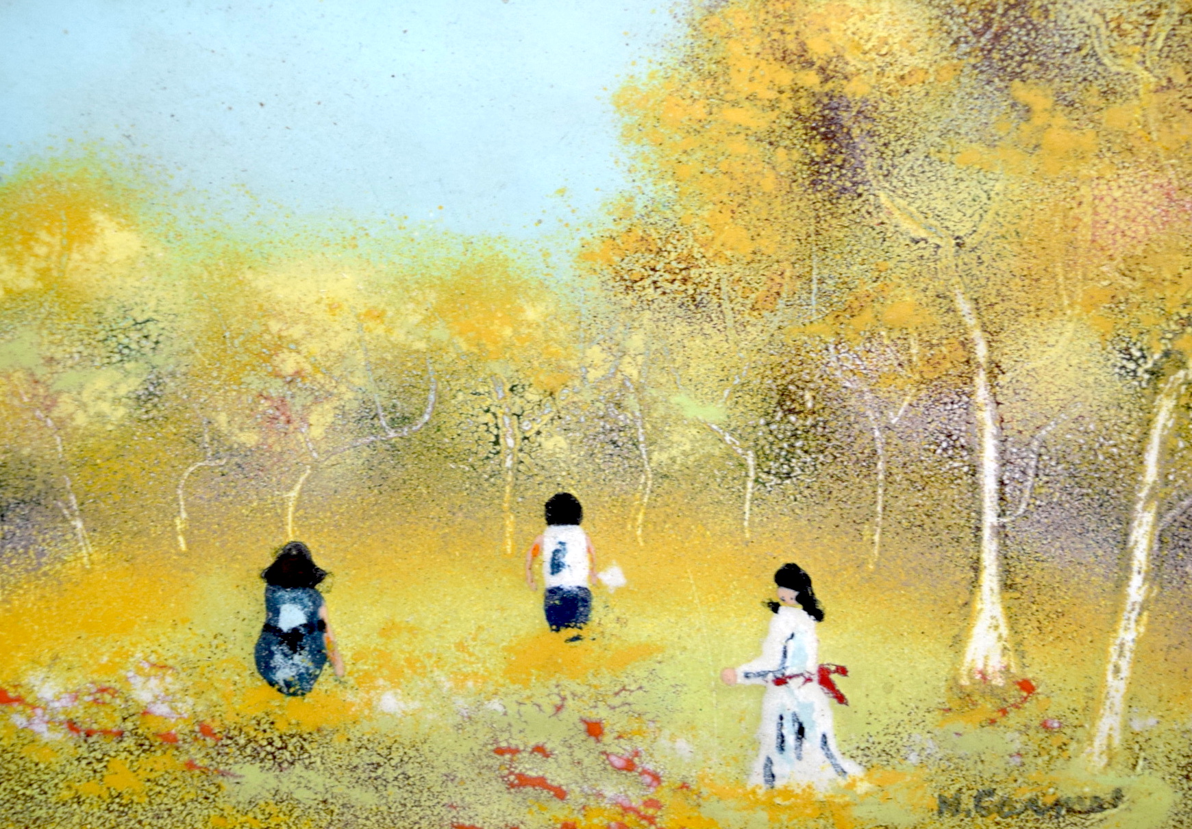 M GOMES (20th century) FRAMED OIL ON ENAMEL, figures in a landscape, signed. 11 cm x 16 cm.