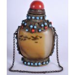 A 19TH CENTURY CHINESE TIBETAN AGATE CORAL AND TURQUOISE SNUFF BOTTLE. 10 cm high.