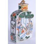 A 19TH CENTURY CHINESE FAMILLE VERTE PORCELAIN TEA CADDY Kangxi style. 15 cm high.