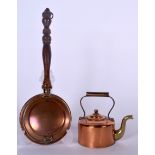A MINIATURE COPPER BED WARMING PAN, together with a copper kettle. Pan 23.5 cm. (2)