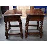 A PAIR OF 18TH CENTURY OAK JOINT STOOLS, formed with column turned upright supports. 50 cm x 30.5 c