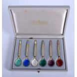 A LOVELY SET OF SIX ART DECO SILVER AND ENAMEL SPOONS A Michelsen. (6)