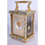 A FINE ANTIQUE FRENCH CHAMPLEVÉ ENAMEL REPEATING CARRIAGE CLOCK decorated with foliage and vines. 1
