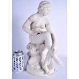 A 19TH CENTURY PARIAN WARE FIGURE OF A NUDE FEMALE modelled seated upon a stump. 40 cm high.