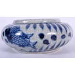 A 20TH CENTURY CHINESE BLUE AND WHITE PORCELAIN BRUSH WASHER, decorated with swimming fish. 13 cm w