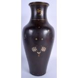 A LARGE 19TH CENTURY JAPANESE MEIJI PERIOD BRONZE VASE inlaid with gold and silver foliage. 33 cm h