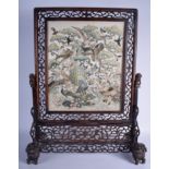 A GOOD 19TH CENTURY CHINESE HONGMU SILK SCHOLARS SCREEN Qing, decorated with birds within landscape