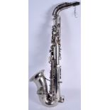 A VINTAGE BOXED FRENCH SILVER PLATED SAXOPHONE. 50 cm long.