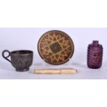 AN ISLAMIC INLAID METAL PIN DISH, together with an amethyst glass scent bottle etc. (4)