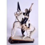 A LARGE ROYAL DUX PORCELAIN FIGURINE OF A YOUNG ARAB ON A HORSE, formed looking to the sky, pink tr