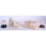 A 19TH CENTURY ANGLO INDIAN CARVED IVORY CART together with three other similar groups. Largest 12