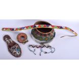 A TRIBAL NORTH AMERICAN AFRICAN BEAD WORK BOWL together with a slipper etc. (6)