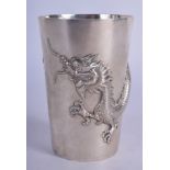 A 19TH CENTURY CHINESE EXPORT SILVER DRAGON BEAKER by Luen Wo. 128 grams. 9.5 cm high.
