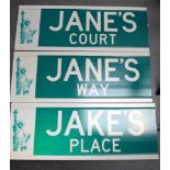 A SET OF THREE AMERICAN NEW YORK STREET SIGNS, “Jane's Court”, together with two others. 23 cm x 61