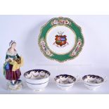 AN ANTIQUE CONTINENTAL PORCELAIN FIGURE together with a Worcester Trio & Chamberlains plate. (5)