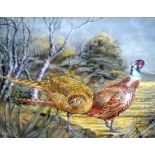 BRITISH SCHOOL (19th/20th century) FRAMED PASTEL, monogrammed “MS”, pheasants in a landscape. 36 cm