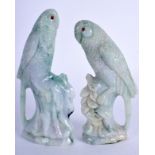 A PAIR OF 1920S CHINESE CARVED JADEITE PARROTS with jewel inset eyes. 11.5 cm high.