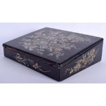 A VICTORIAN BLACK LACQUER MOTHER OF PEARL INLAID WRITING BOX by Jennens and Betteridge. 29 cm x 24