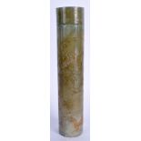 A CHINESE CARVED JADE CYLINDRICAL BOX AND COVER incised with calligraphy. 17 cm high.
