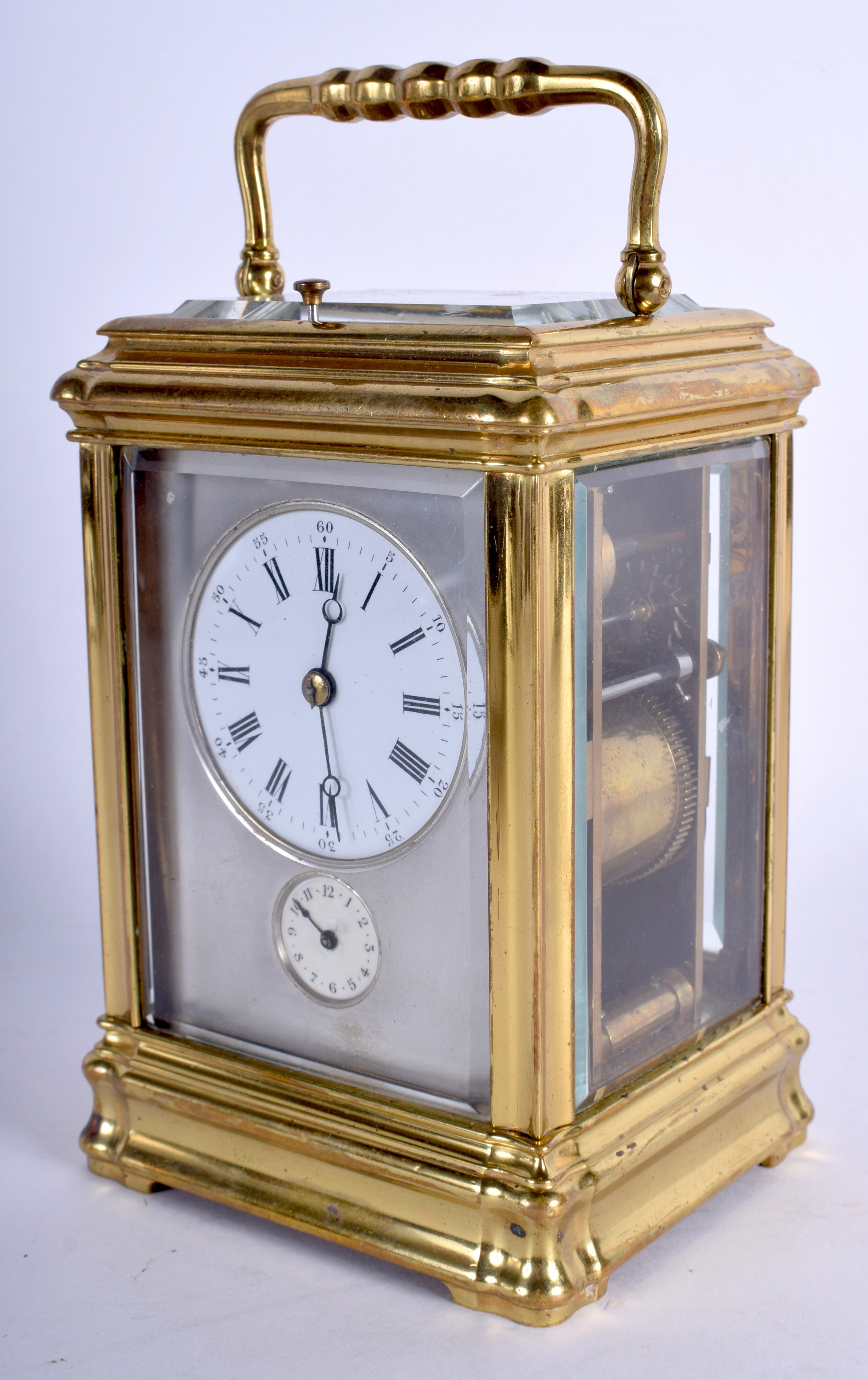 A GOOD ANTIQUE FRENCH GRAND SONNERIE CARRIAGE CLOCK. 19 cm high inc handle.