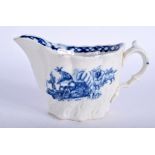 A 18TH CENTURY LIVERPOOL LOW CHELSEA EWER each side with a Chinese landscape in blue. 12 cm wide.
