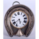 AN EARLY 20TH CENTURY SILVER EQUESTRIAN HORSE SHOE DESK CLOCK. 10 cm x 10 cm.