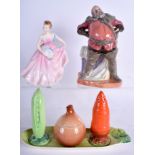 A ROYAL DOULTON FIGURE OF FALSTAFF together with another Doulton figure & a cruet. (3)