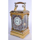 A FINE 19TH CENTURY FRENCH CHAMPLEVÉ ENAMEL BRASS CARRIAGE CLOCK decorated with foliage. 17.5 cm hi