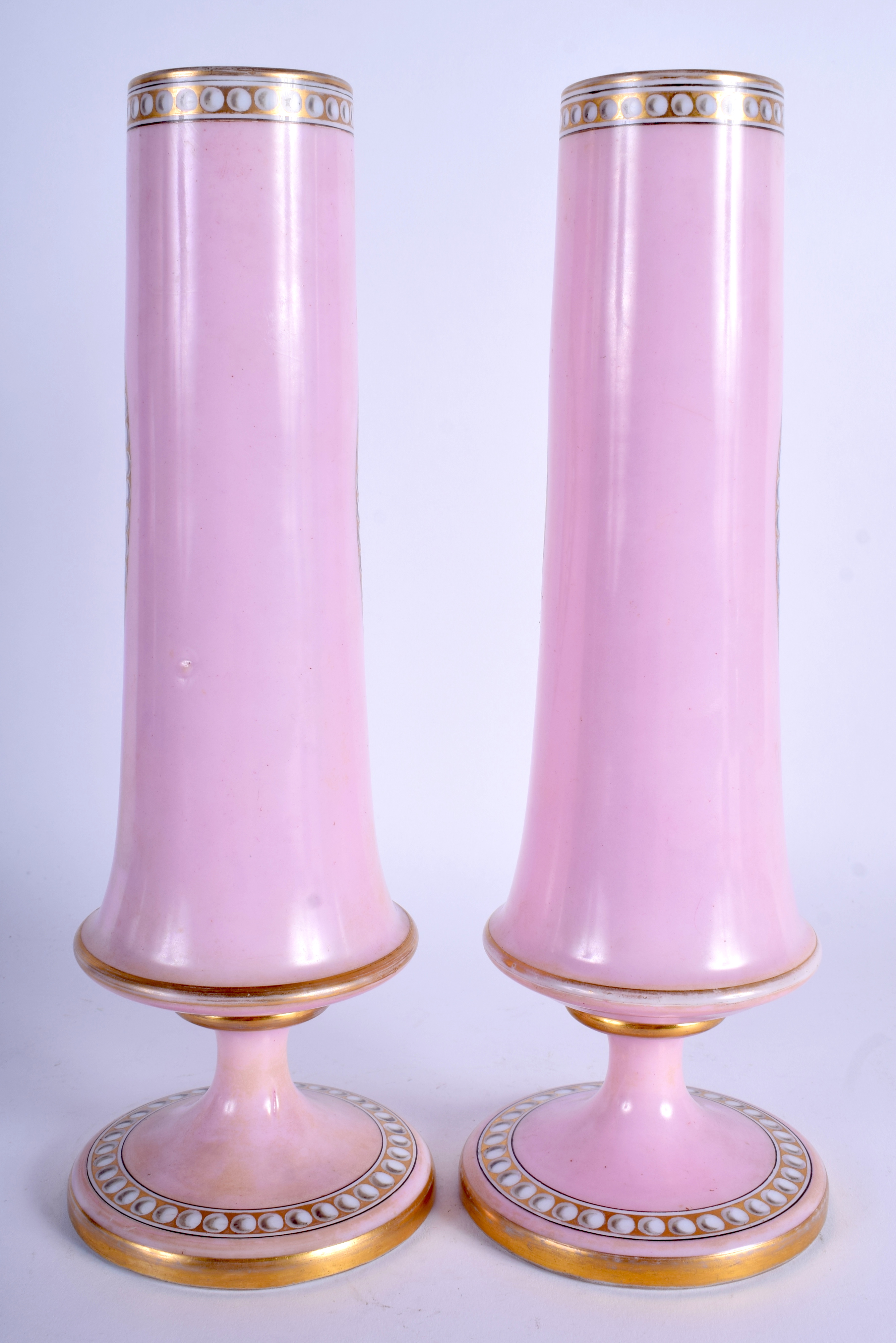 A PAIR OF ANTIQUE CONTINENTAL PINK OPALINE GLASS VASES depicting portraits of females. 28 cm high. - Image 2 of 2