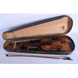 AN ANTIQUE GERMAN VIOLIN by John Robertson C1900, with bow. 61 cm long.