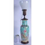 AN EARLY 20TH CENTURY CHINESE STRAITS FAMILLE ROSE ROULEAU VASE Guangxu, converted to a lamp. Porce