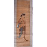 A PAIR OF 19TH CENTURY CHINESE INKWORK PANELS OF LADIES painted with calligraphy. Image 90 cm x 25