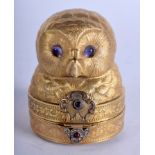 A CONTEMPORARY RUSSIAN SILVER GILT AMETHYST DIAMOND AND RUBY OWL BOX. 5.5 cm x 5 cm.