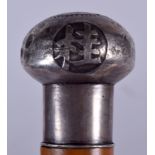 AN EARLY 20TH CENTURY CHINESE EXPORT SILVER TOP WALKING CANE, decorated with panels of calligraphy.