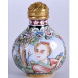 A CHINESE CANTON ENAMEL SNUFF BOTTLE AND STOPPER painted with European Subjects, within a fitted bo