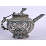 A CHINESE BRONZE WARRING STATES STYLE TEA POT, formed with mythical beast finial and inlaid white m