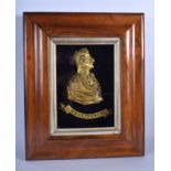 A 19TH CENTURY BRASS PLAQUE CASED PORTRAIT OF THE DUKE OF WELLINGTON within a maple frame. 36 cm x