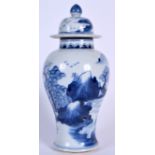 A CHINESE BLUE AND WHITE PORCELAIN BALUSTER VASE AND COVER, painted with figures in a mountainous l