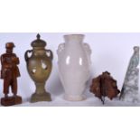 AN ITALIAN POTTERY VASE, together with a wooden figure etc. Largest 30.5 cm. (5)